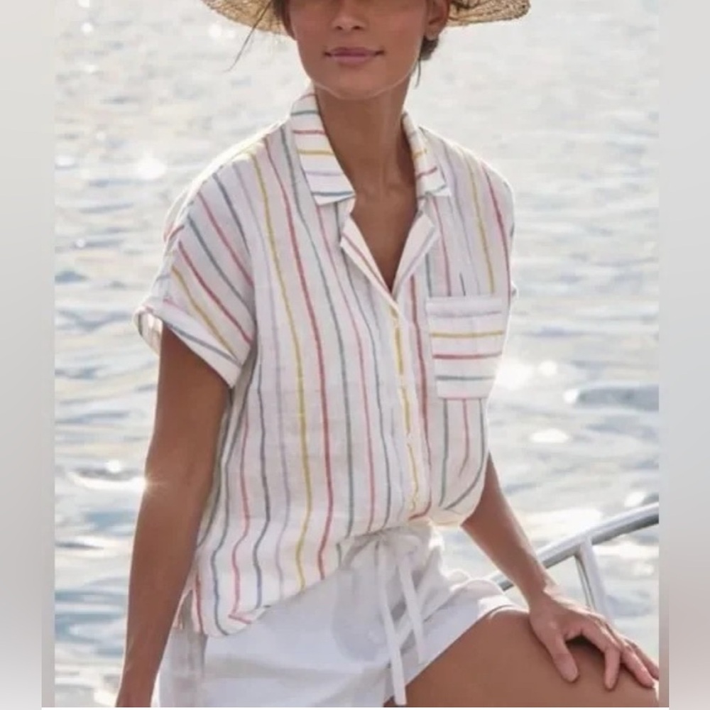 Garnet Hill Linen Cream Button Down Shirt with Notched Collar Striped Sz 14